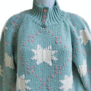 Vintage 80s Susann d Knit Sweater Stars Hearts Ribbed Puffy Sleeves Mock Neck S